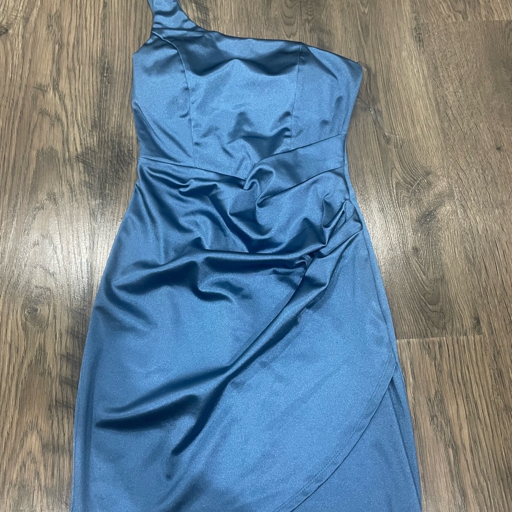 Emerald Sundae Blue Asymmetrical Ruched Cocktail Dress